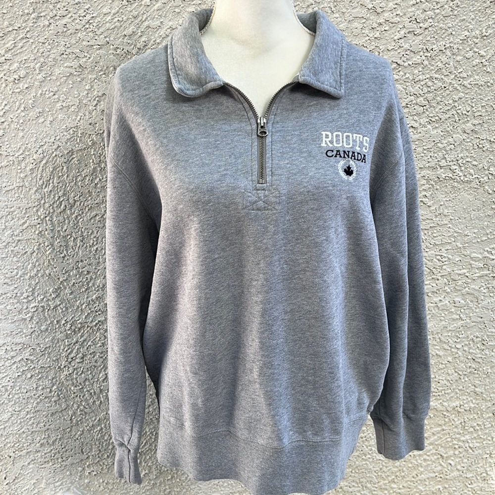 Roots Canada Grey 1/4 Zip Pullover Unisex Sweatshirt Size M